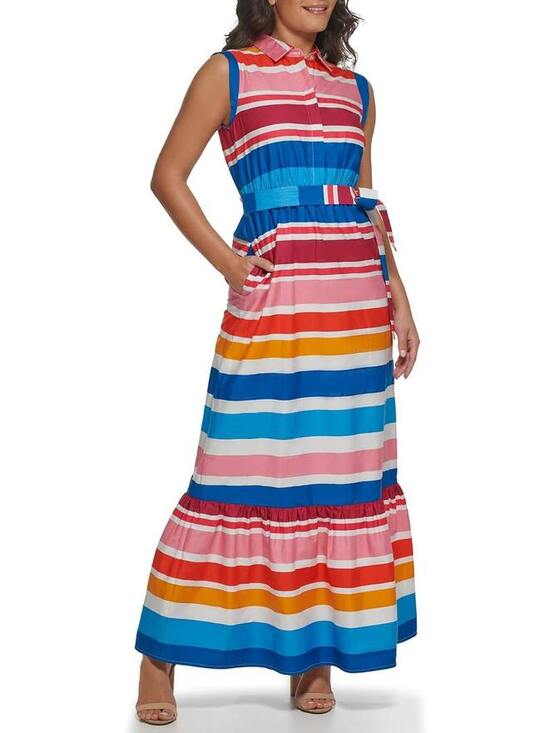 Kensie Dresses & Skirts - Kensie Women's Size 8 Multicolor Striped Waist Tie Sleeveless Cotton Maxi Dress